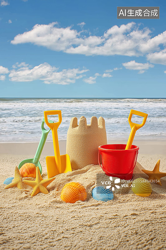 【AI数字艺术】沙滩玩具与贝壳，海边欢乐时光图片素材