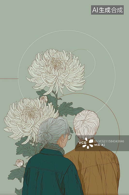 【AI数字艺术】两位老人并肩观赏菊花图片素材