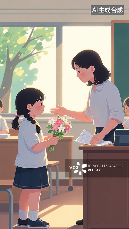 【AI数字艺术】教师节向女老师献花的温馨场景图片素材