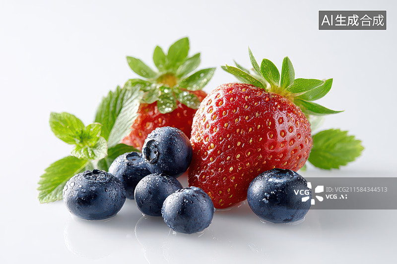 【AI数字艺术】红草莓蓝莓绿叶静物组合图图片素材