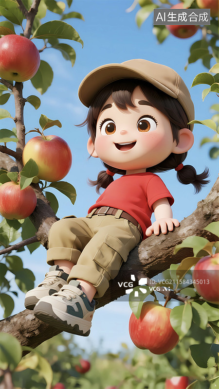 【AI数字艺术】卡通3d女孩果园爬树摘苹果图片素材