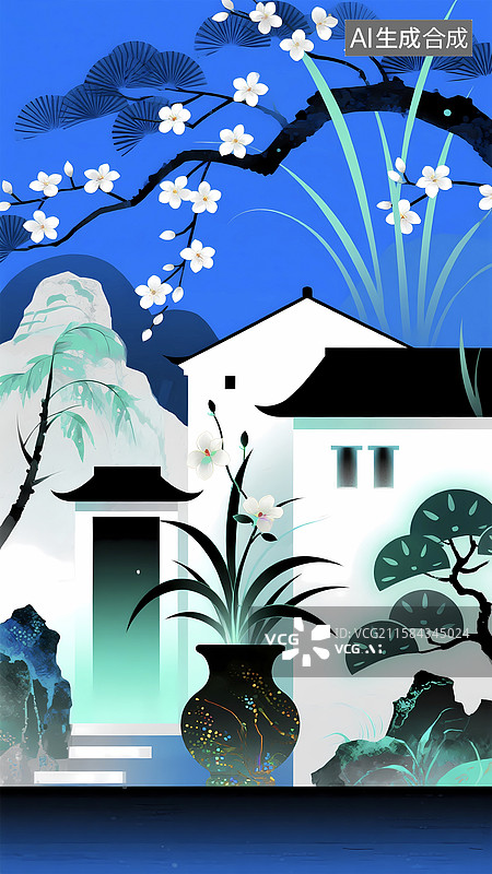 【AI数字艺术】清冷中式建筑园林庭院芝兰玉树图片素材
