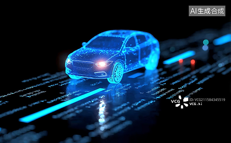 【AI数字艺术】未来智能新能源汽车全息投影场景：蓝色光影与电路交织，呈现数字科技感的汽车设计画面图片素材