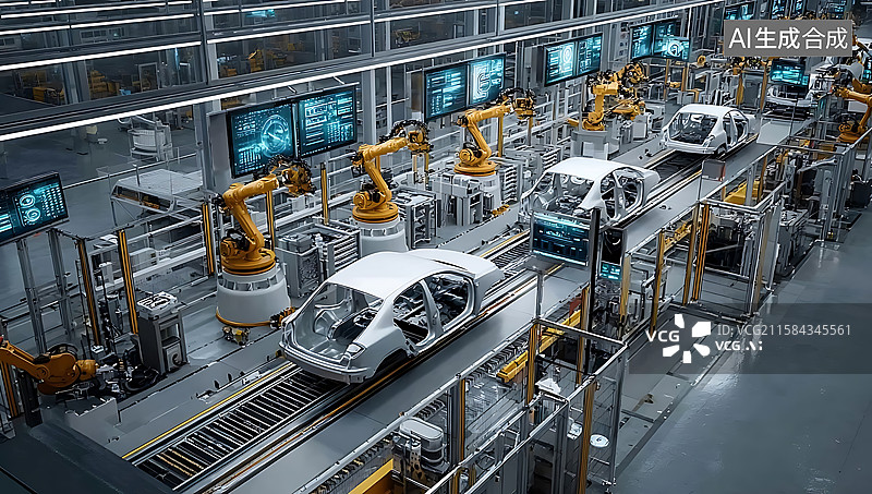 【AI数字艺术】智能汽车工厂生产场景：黄色机械臂流水线作业，呈现自动化汽车制造的工业生产画面图片素材