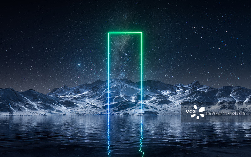 夜晚湖面上的霓虹发光线条三维渲染图片素材