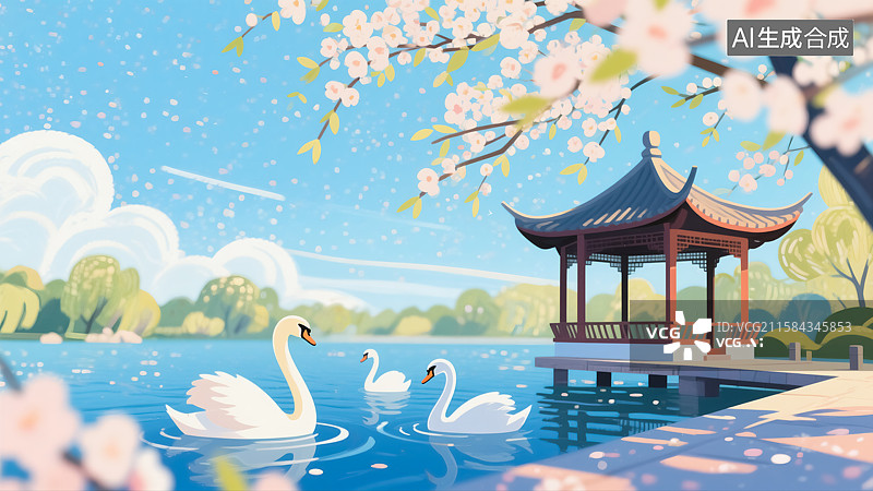 【AI数字艺术】春天公园凉亭天鹅风景插画图片素材