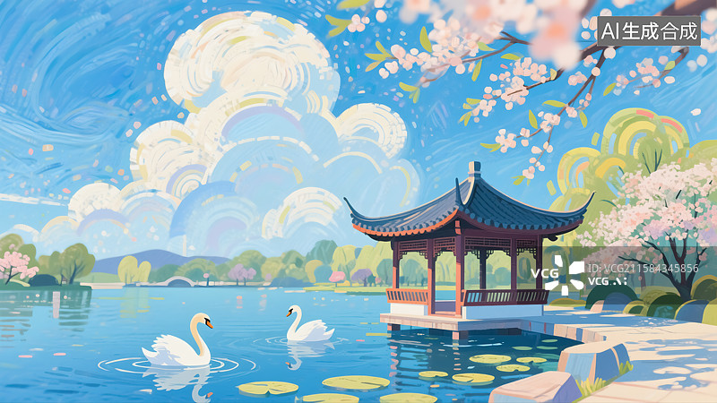 【AI数字艺术】春天公园凉亭天鹅风景插画图片素材
