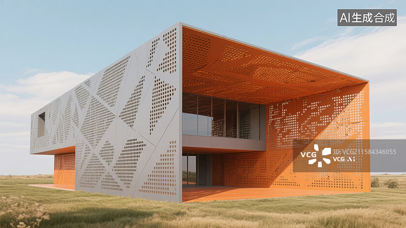 【AI数字艺术】现代穿孔金属外墙建筑图片素材