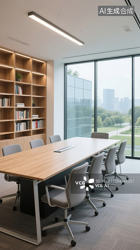 【AI数字艺术】现代会议室内的长桌与书架图片素材
