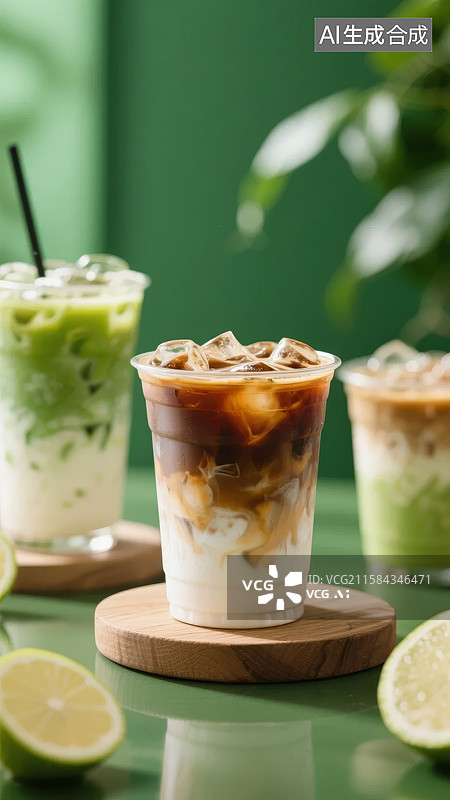 【AI数字艺术】三杯冰饮，搭配柠檬与绿植背景图片素材