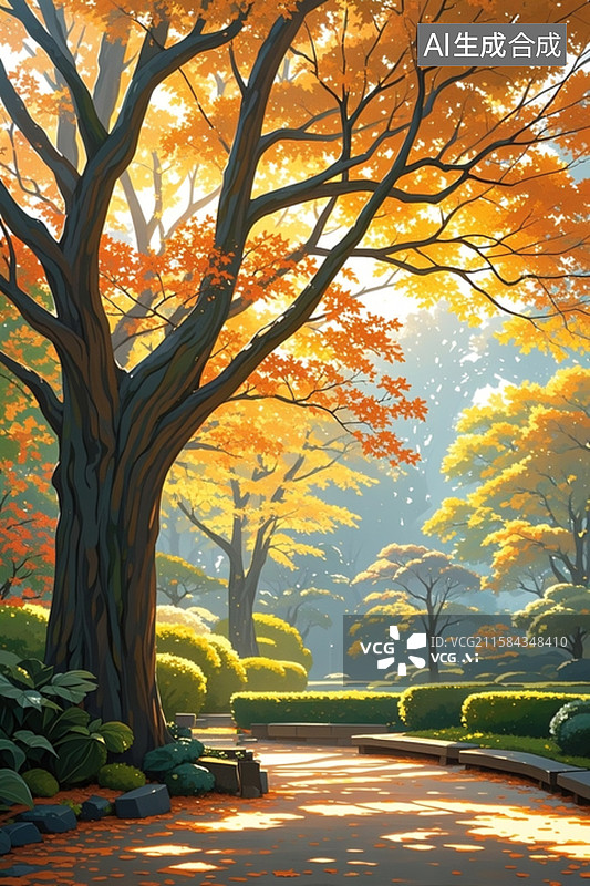 【AI数字艺术】初秋公园树木的斑斓枝叶，金黄、橙红、深绿，阳光穿透树叶的丁达尔效应图片素材