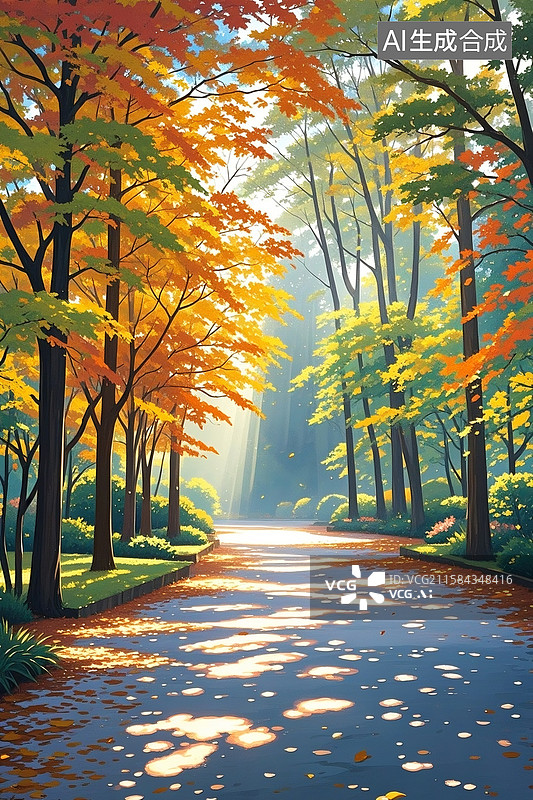 【AI数字艺术】初秋公园树木的斑斓枝叶，金黄、橙红、深绿，阳光穿透树叶的丁达尔效应图片素材