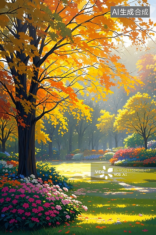 【AI数字艺术】初秋公园树木的斑斓枝叶，金黄、橙红、深绿，阳光穿透树叶的丁达尔效应图片素材