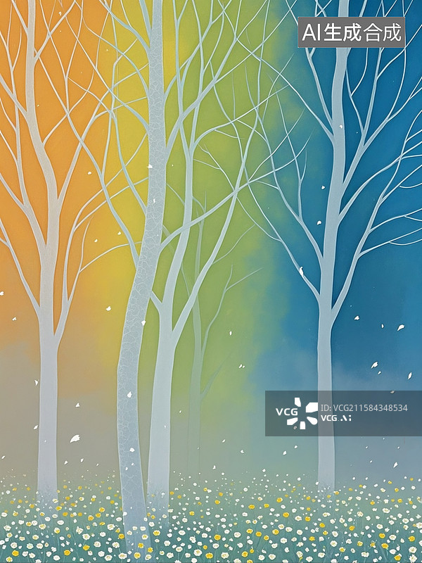 【AI数字艺术】水墨画。有树，有雾，靓丽明快，远处几颗大树包围画面，树的颜色为清新水墨色图片素材