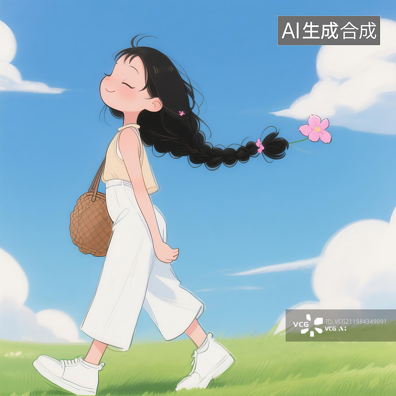 【AI数字艺术】卡通女孩，黑色长麻花辫，在蓝天白云 下的绿色草地上行走，清新治愈风格图片素材