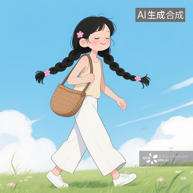 【AI数字艺术】卡通女孩，黑色长麻花辫，在蓝天白云 下的绿色草地上行走，清新治愈风格图片素材