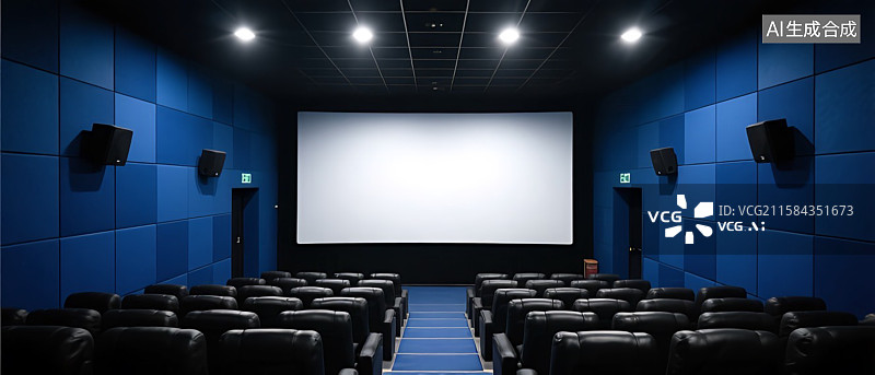 【AI数字艺术】蓝色电影院巨大幕布——渲染式的观影体验图片素材
