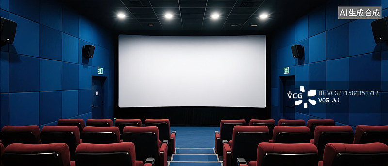 【AI数字艺术】蓝色电影院巨大幕布——渲染式的观影体验图片素材