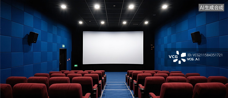 【AI数字艺术】蓝色电影院巨大幕布——渲染式的观影体验图片素材