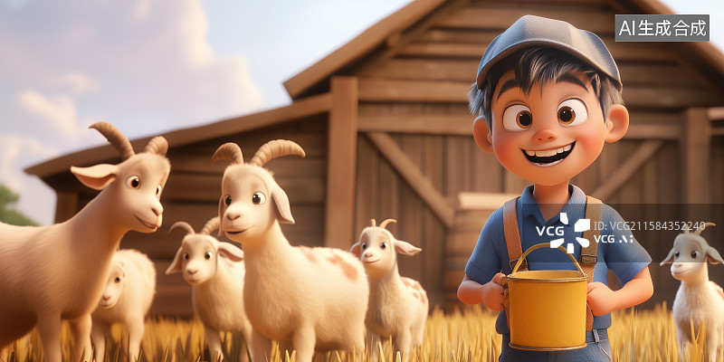 【AI数字艺术】3D三维挤奶工男孩在农场畜栏里的山羊前羊奶图片素材