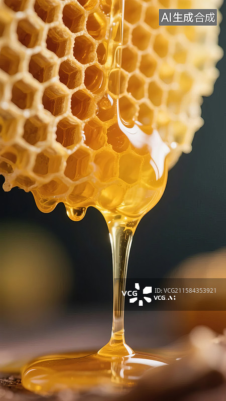 【AI数字艺术】蜂蜜从蜂巢滴落，金黄诱人图片素材