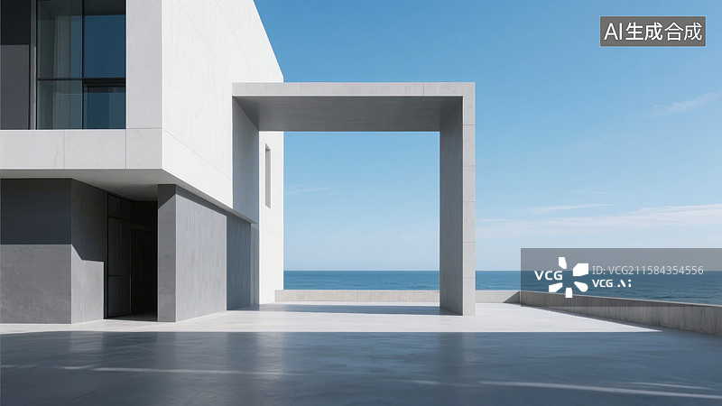 【AI数字艺术】现代建筑露台与海景图片素材
