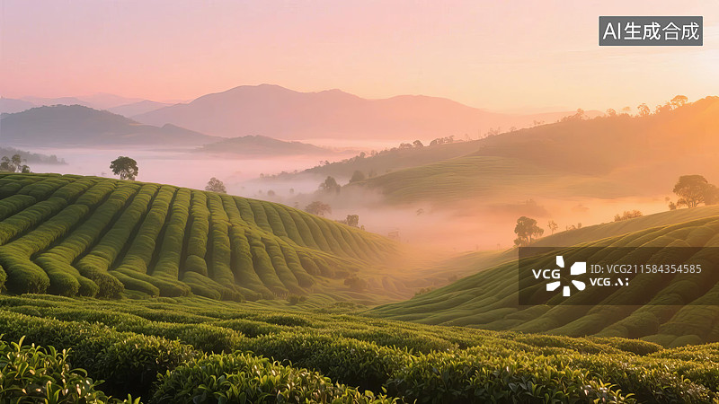 【AI数字艺术】晨雾笼罩的茶园风光图片素材