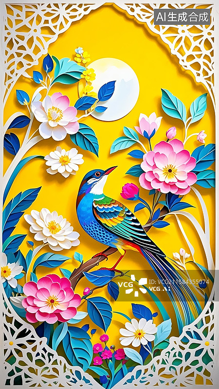 【AI数字艺术】彩色鸟在花丛中，一轮圆月，克莱因黄色背景，画眉鸟，花鸟画，宁静、梦幻氛围，剪纸风格图片素材