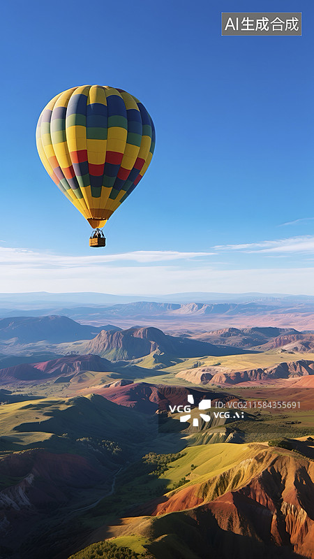 【AI数字艺术】空中飞行的热气球与壮丽地貌景观图图片素材