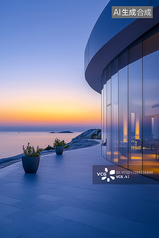 【AI数字艺术】现代建筑与海景的日落风光图片素材