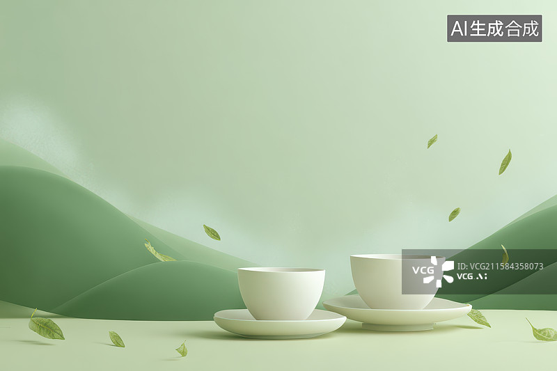 【AI数字艺术】飘落绿叶与茶杯的清新构图图片素材