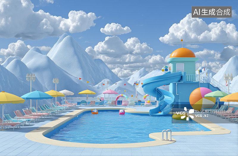【AI数字艺术】梦幻泳池乐园，雪山背景下的彩色滑梯图片素材