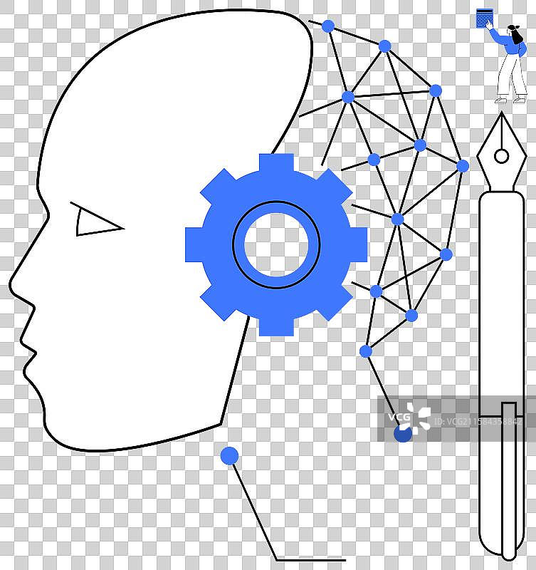 带有齿轮网络连接的人的头部与笔图片素材