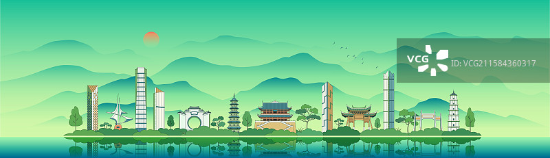 广州城市建筑千里江山国风插画图片素材