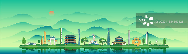 广州城市建筑千里江山国风插画图片素材