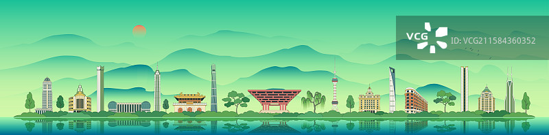 上海城市建筑千里江山国风插画图片素材