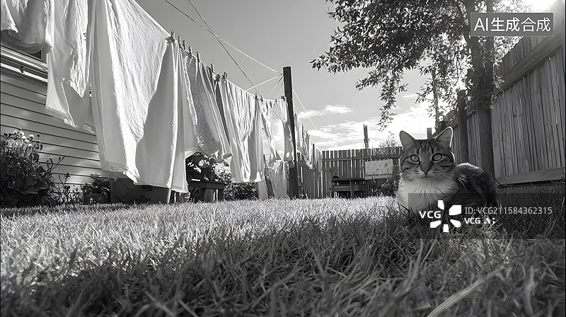 【AI数字艺术】家庭后院草地温馨氛围，晒衣架猫咪绿色庭院图片素材