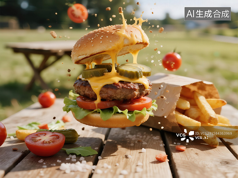 【AI数字艺术】美味汉堡与薯条的户外野餐场景图片素材