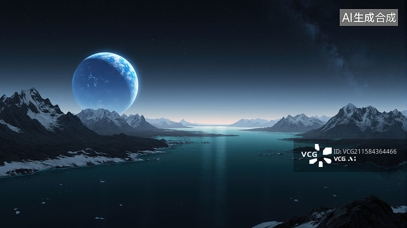 【AI数字艺术】夜幕下的雪山与蓝色星球图片素材