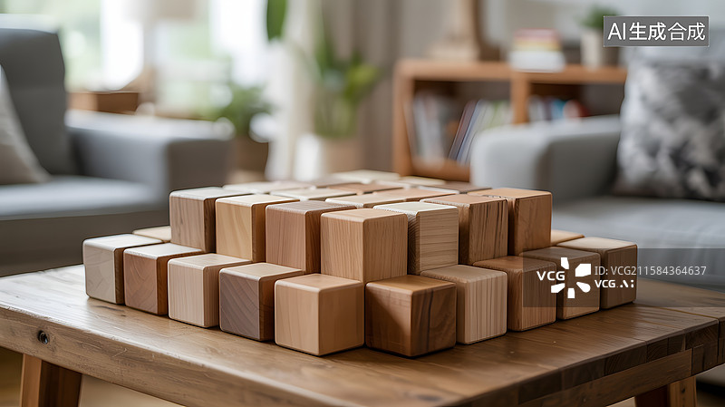 【AI数字艺术】木质积木堆叠在茶几上图片素材