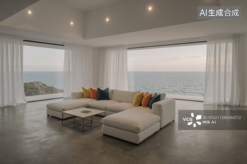 【AI数字艺术】现代客厅海景视野图片素材