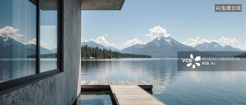 【AI数字艺术】湖畔现代建筑与远处雪山图片素材