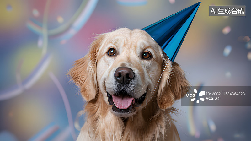 【AI数字艺术】戴派对帽的金毛犬图片素材