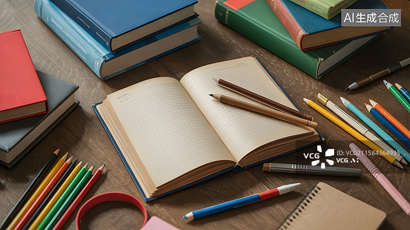 【AI数字艺术】书桌上的学习用品图片素材