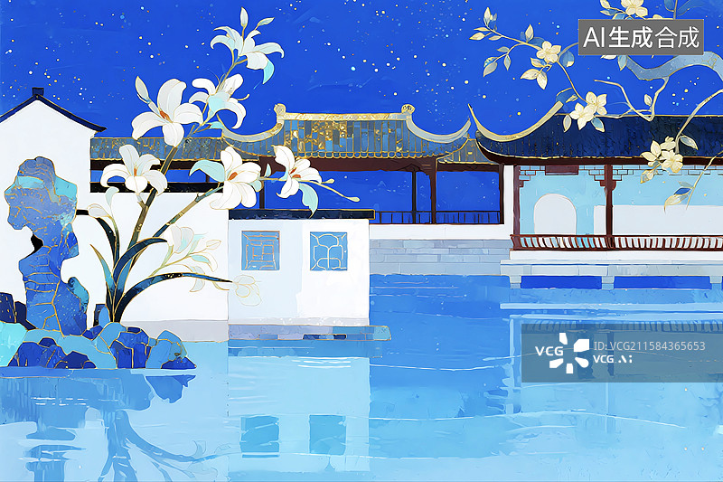 【AI数字艺术】清冷中式建筑园林庭院芝兰玉树图片素材