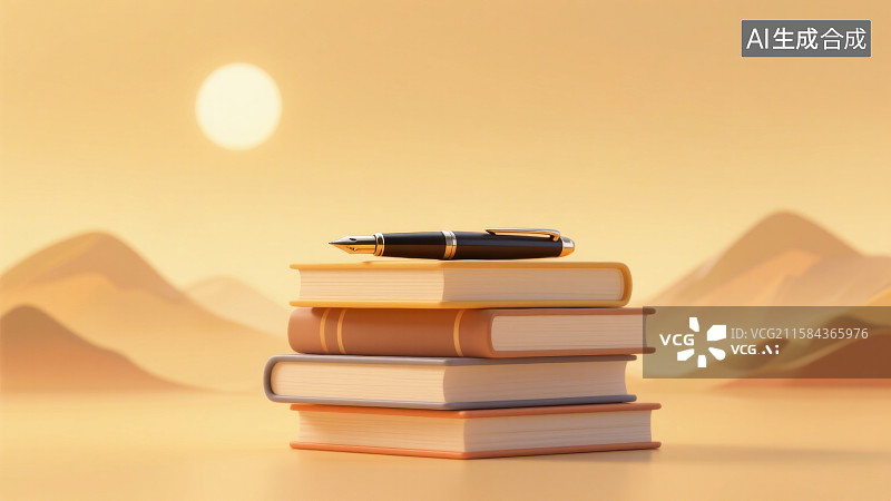 【AI数字艺术】3D三维叠放一沓书籍和钢笔知识在线教育毕业季插画图片素材