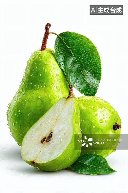 【AI数字艺术】白色背景，切开的青色梨子插画图片素材