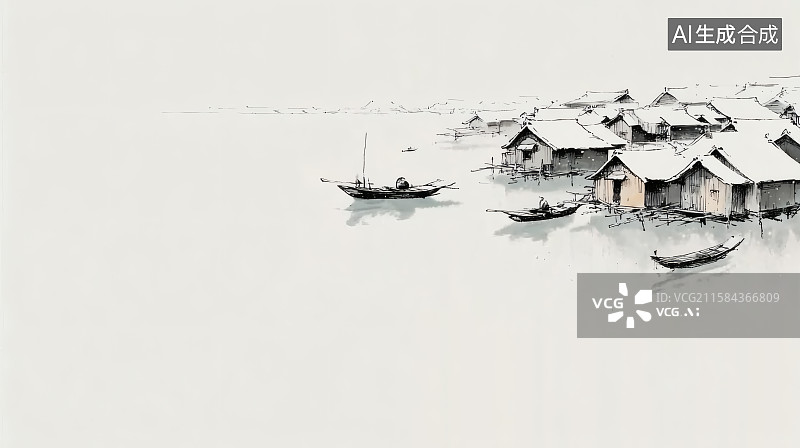 【AI数字艺术】传统水墨画，湖边的房屋，湖面的渔船，左下角留白图片素材