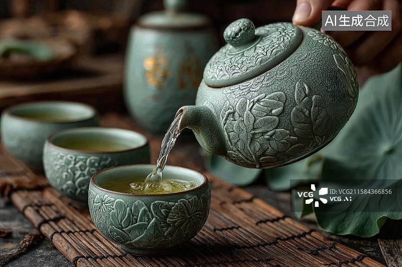 【AI数字艺术】接待会客，手拿茶壶往茶杯中倒茶水图片素材