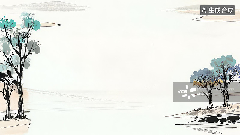 【AI数字艺术】水墨画两侧-背景壁纸-1水墨风格的湖畔树木与远山图片素材